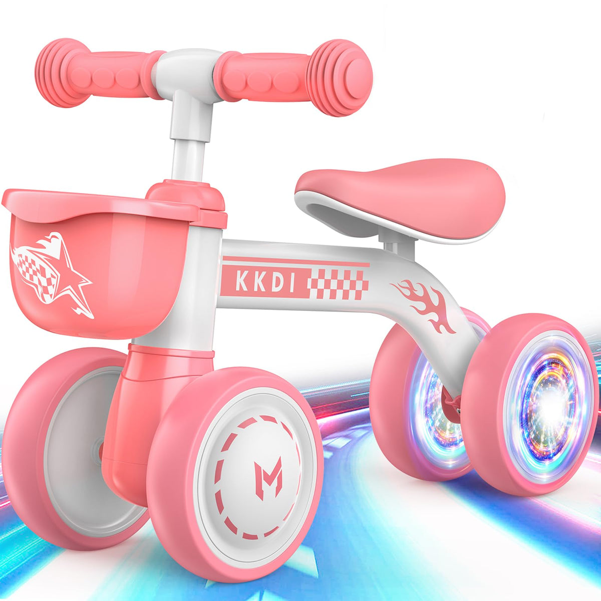 KKDI pink baby balance bike for safe toddler rides.