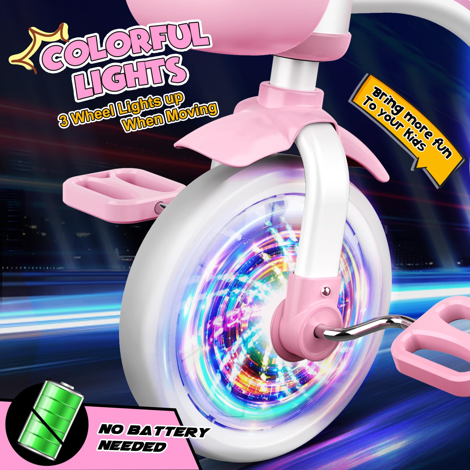 Kkdi Toddler Tricycle glowing pink wheels for safe night rides.