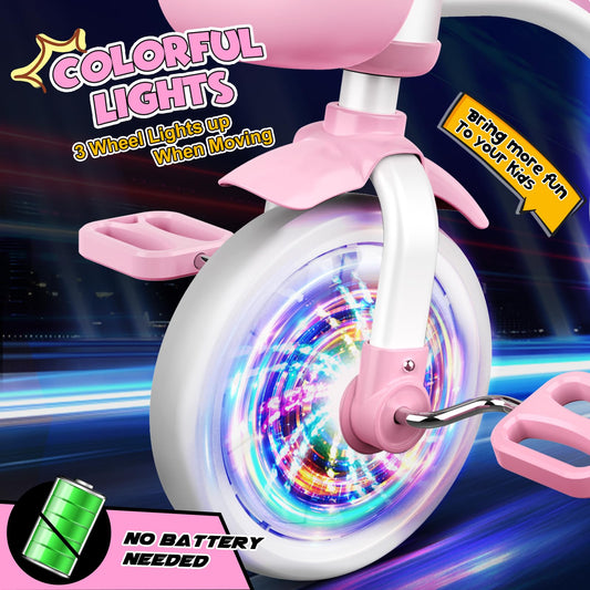 Kkdi Toddler Tricycle glowing pink wheels for safe night rides.