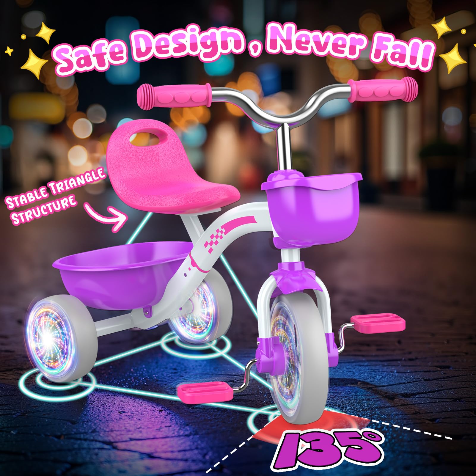 Kkdi tricycle with glow wheels enhances visibility during dusk play.