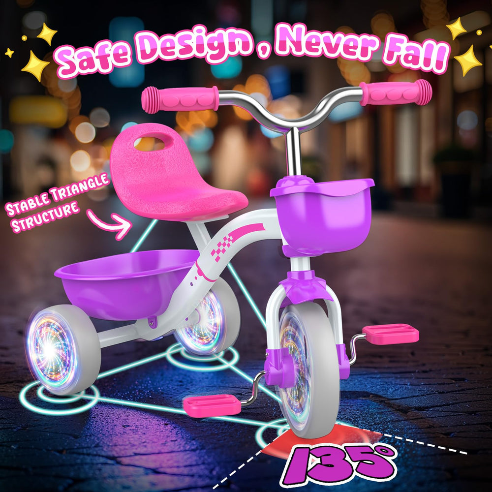 Kkdi tricycle with glow wheels enhances visibility during dusk play.