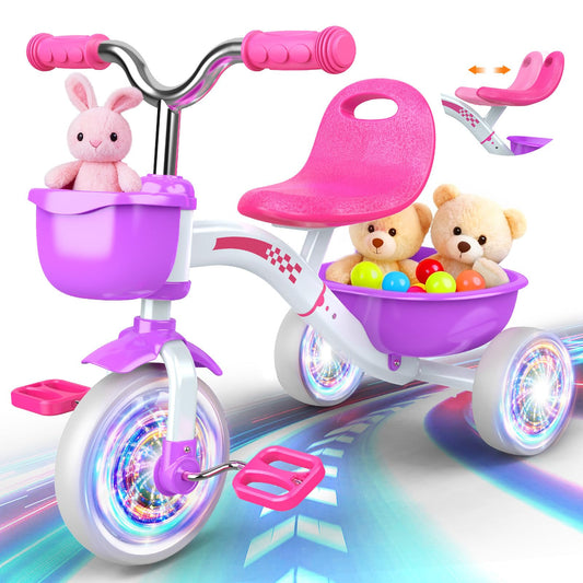Kkdi toddler tricycle purple front view shows safe, stable ride for beginners.