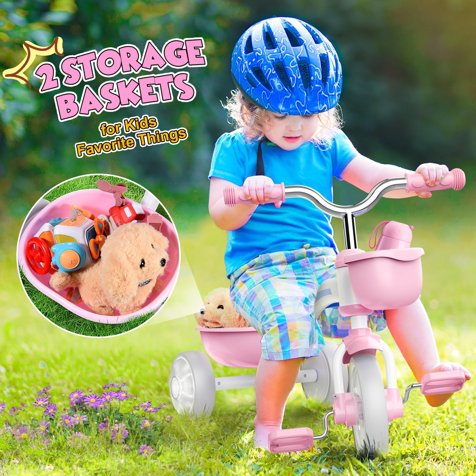 Kkdi Toddler Tricycle two baskets for snacks and toys.