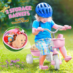 Kkdi Toddler Tricycle two baskets for snacks and toys.