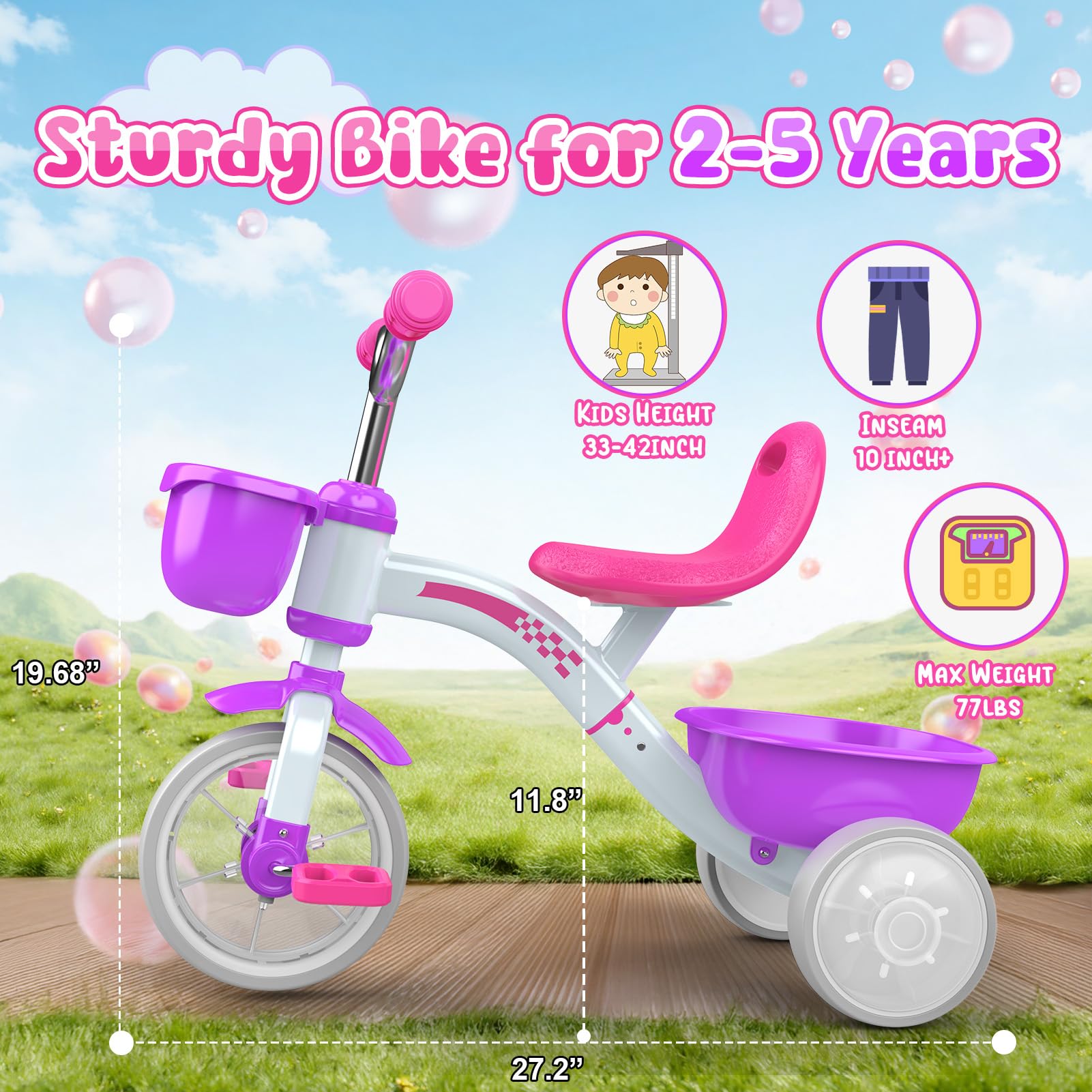 Kkdi toddler tricycle two storage baskets hold snacks and toys.