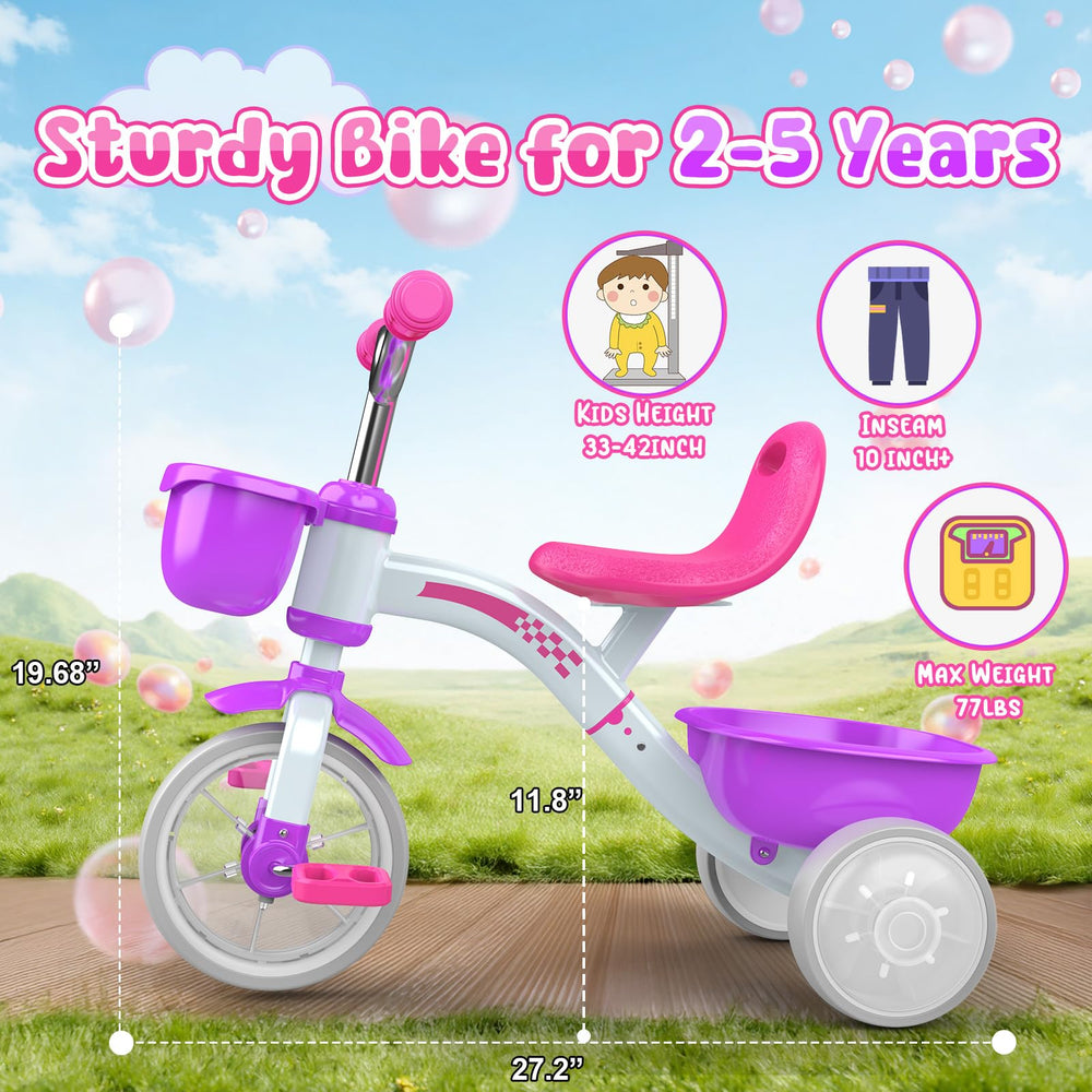 Kkdi toddler tricycle two storage baskets hold snacks and toys.