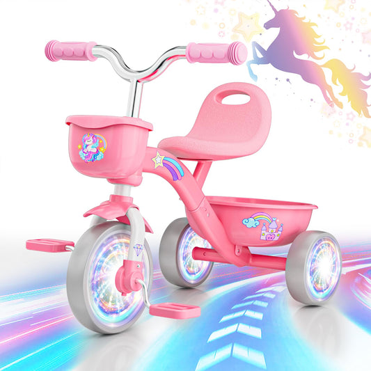 Kkdi unicorn design tricycle with glow-in-the-dark wheel for imaginative play.