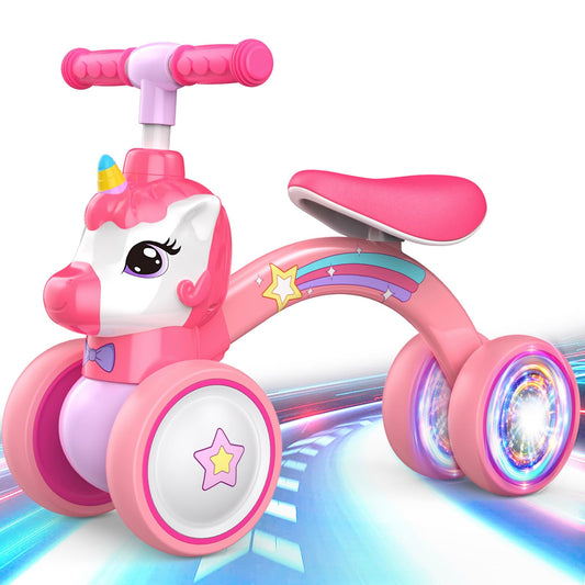 KKDI Unicorn Baby Balance Bike glowing wheels boost nighttime visibility during rides.