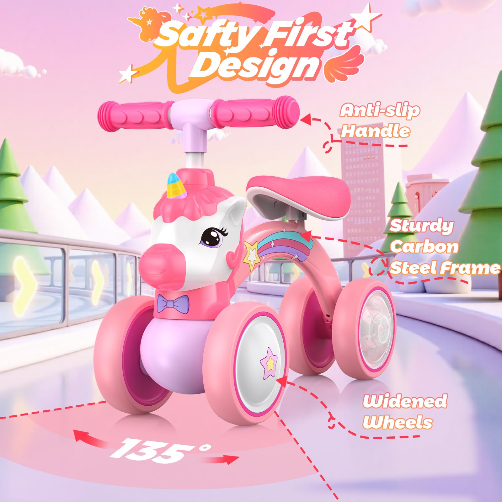 KKDI Unicorn Balance Bike 135-degree steering helps prevent tipping in busy yards.