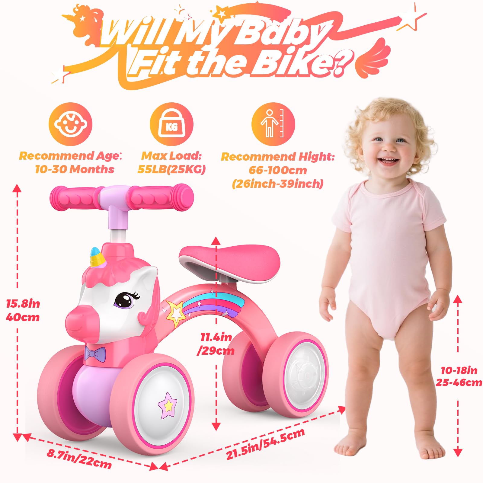 KKDI Unicorn Balance Bike lights glow when spun for added fun and visibility.