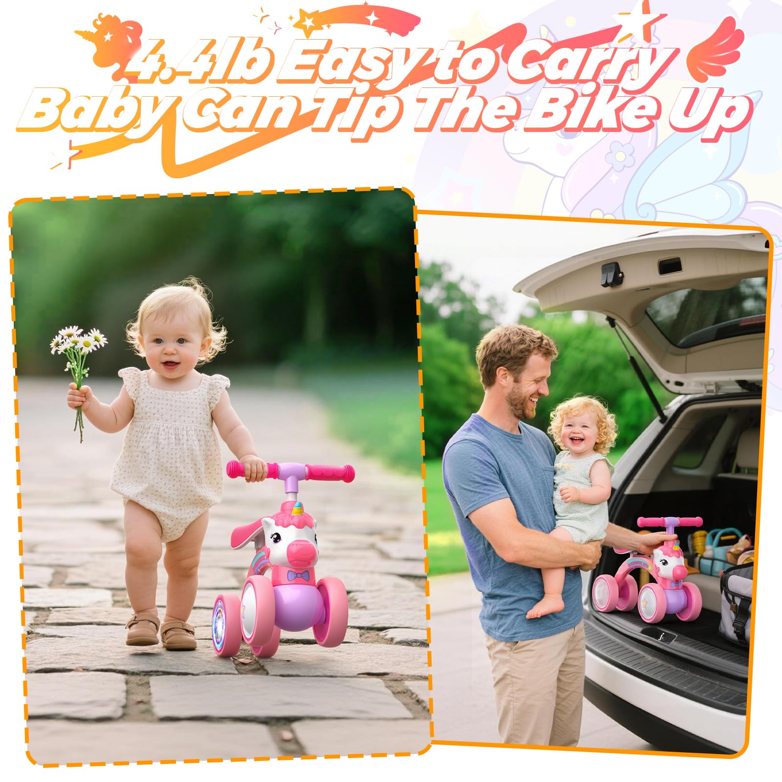 KKDI Unicorn Balance Bike EVA silent wheels allow indoor play with quiet floors.