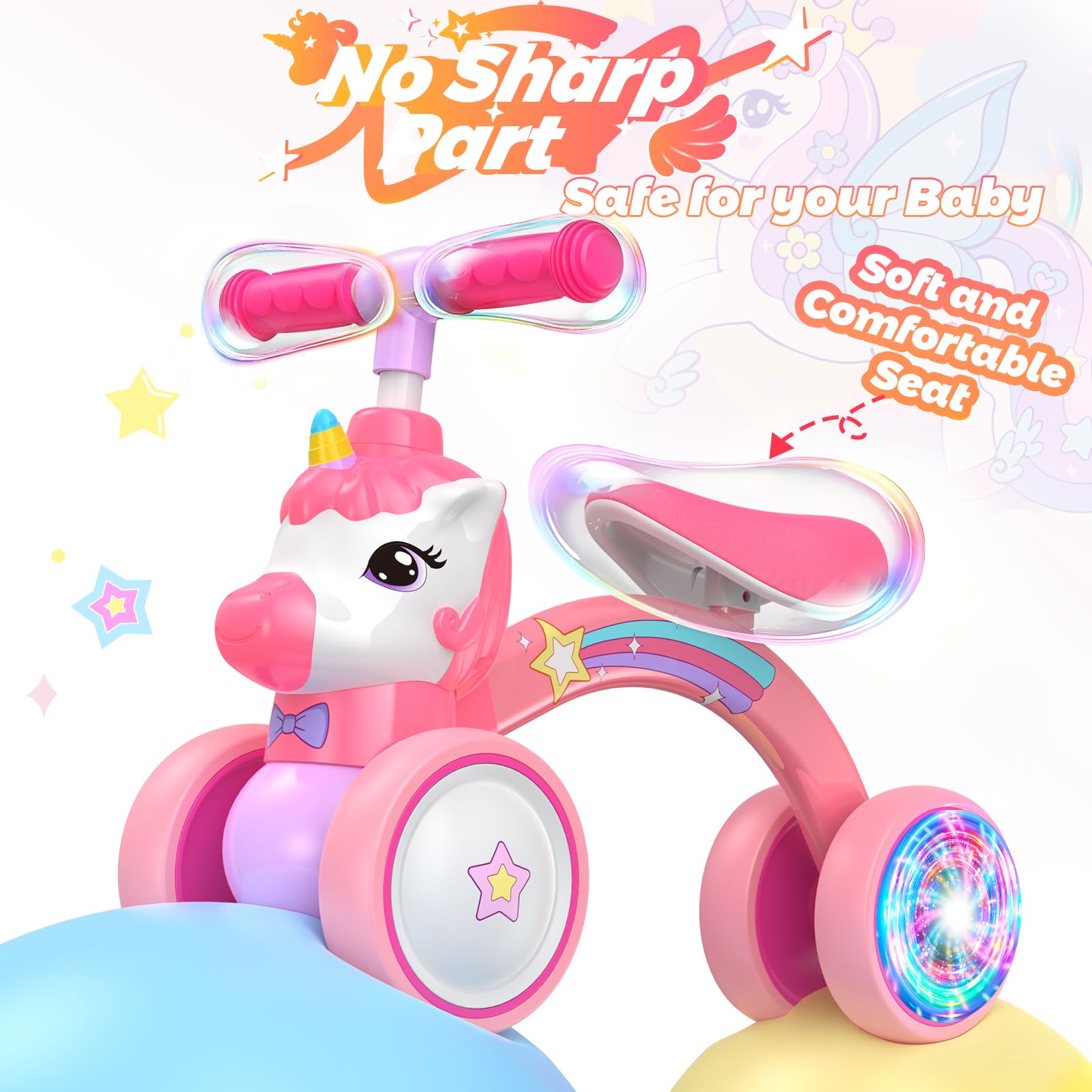 KKDI Unicorn Balance Bike soft seat and grips enhance comfort and control.