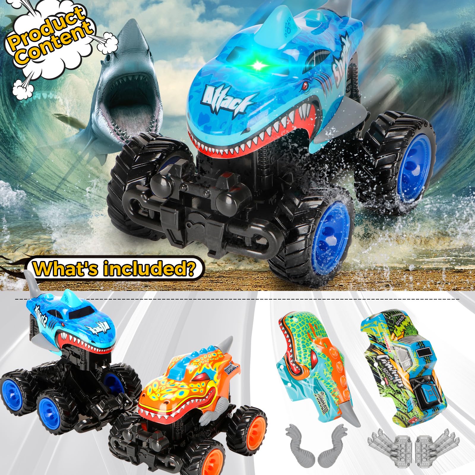 kkmon monster truck shark shell enhances sea-themed racing with glow lights