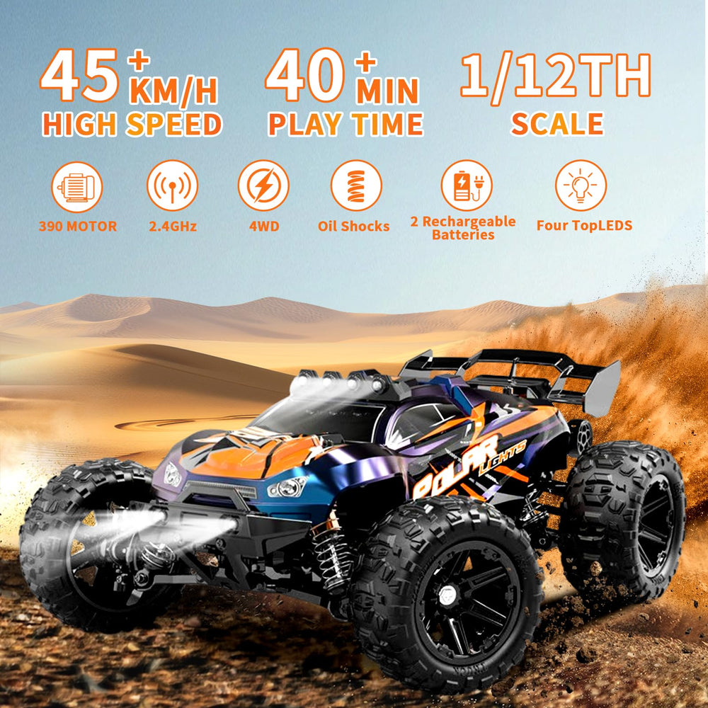 kkny 1:14 RC truck on sand demonstrates all-terrain durability and grip.