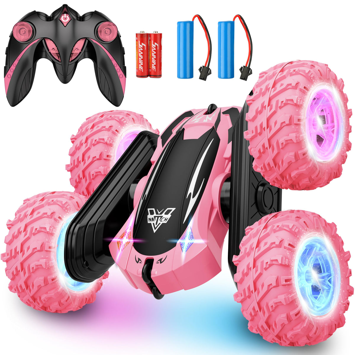 KKONES remote control car performing a 360 flip on an indoor surface
