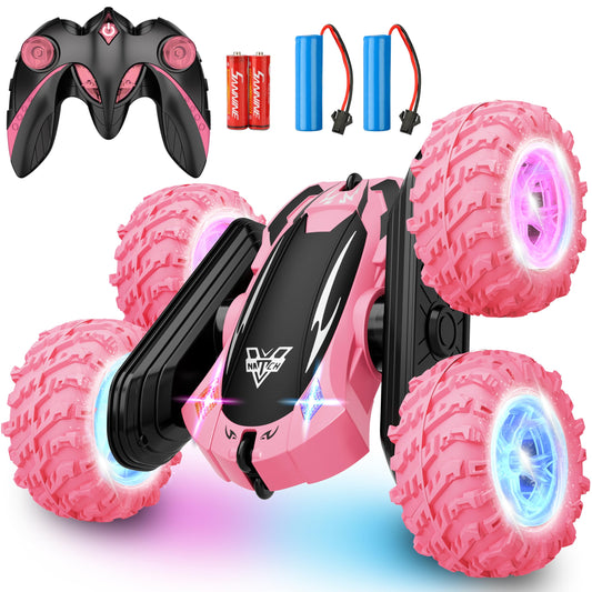 KKONES remote control car performing a 360 flip on an indoor surface