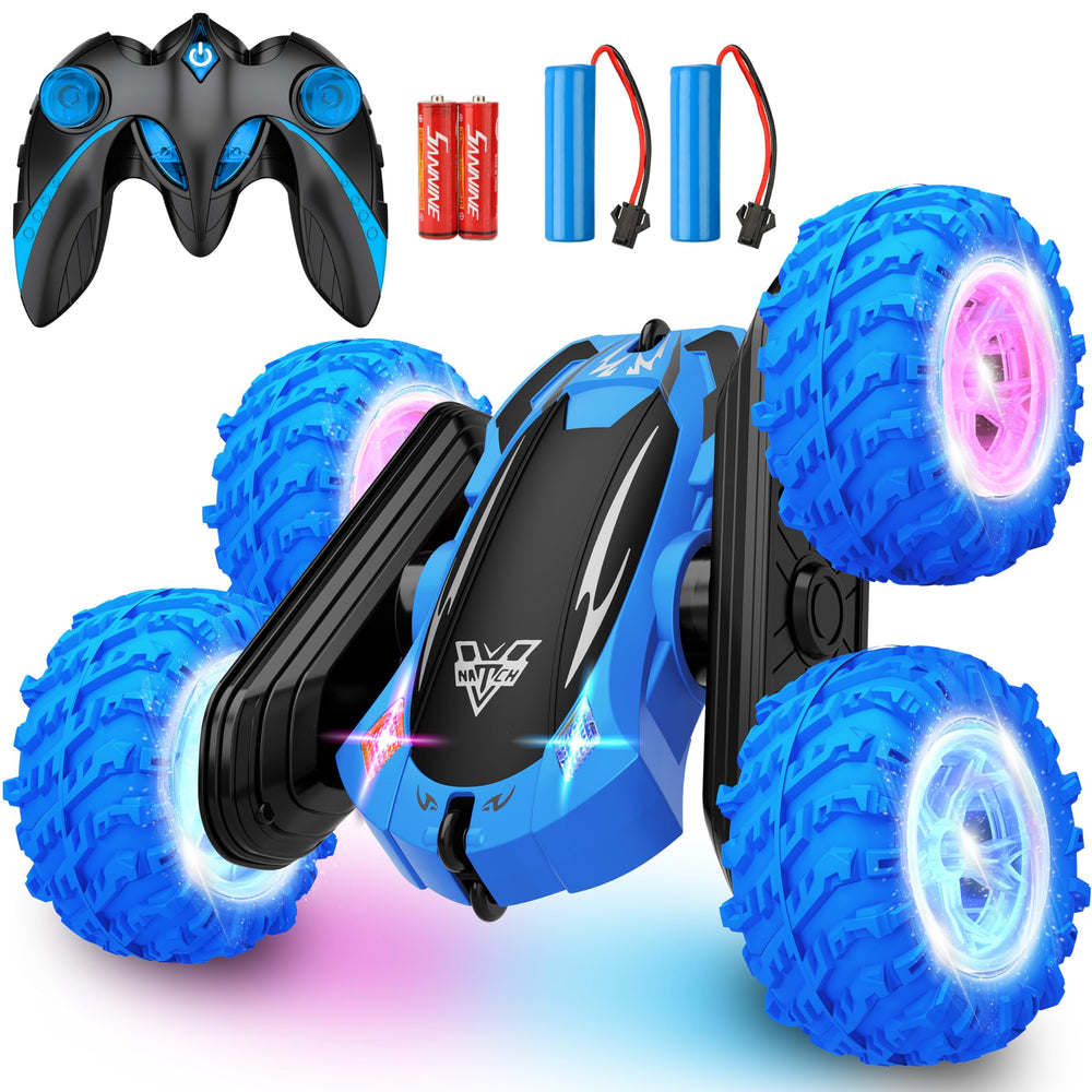 KKONES remote-control car blue front view showing compact stunt design for indoor play