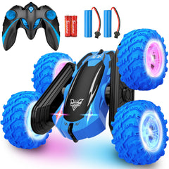 KKONES remote-control car blue front view showing compact stunt design for indoor play