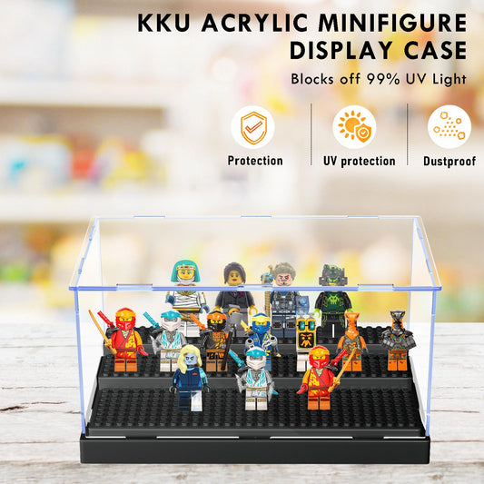 KKU minifigure display case with 3 movable steps for organized figures.