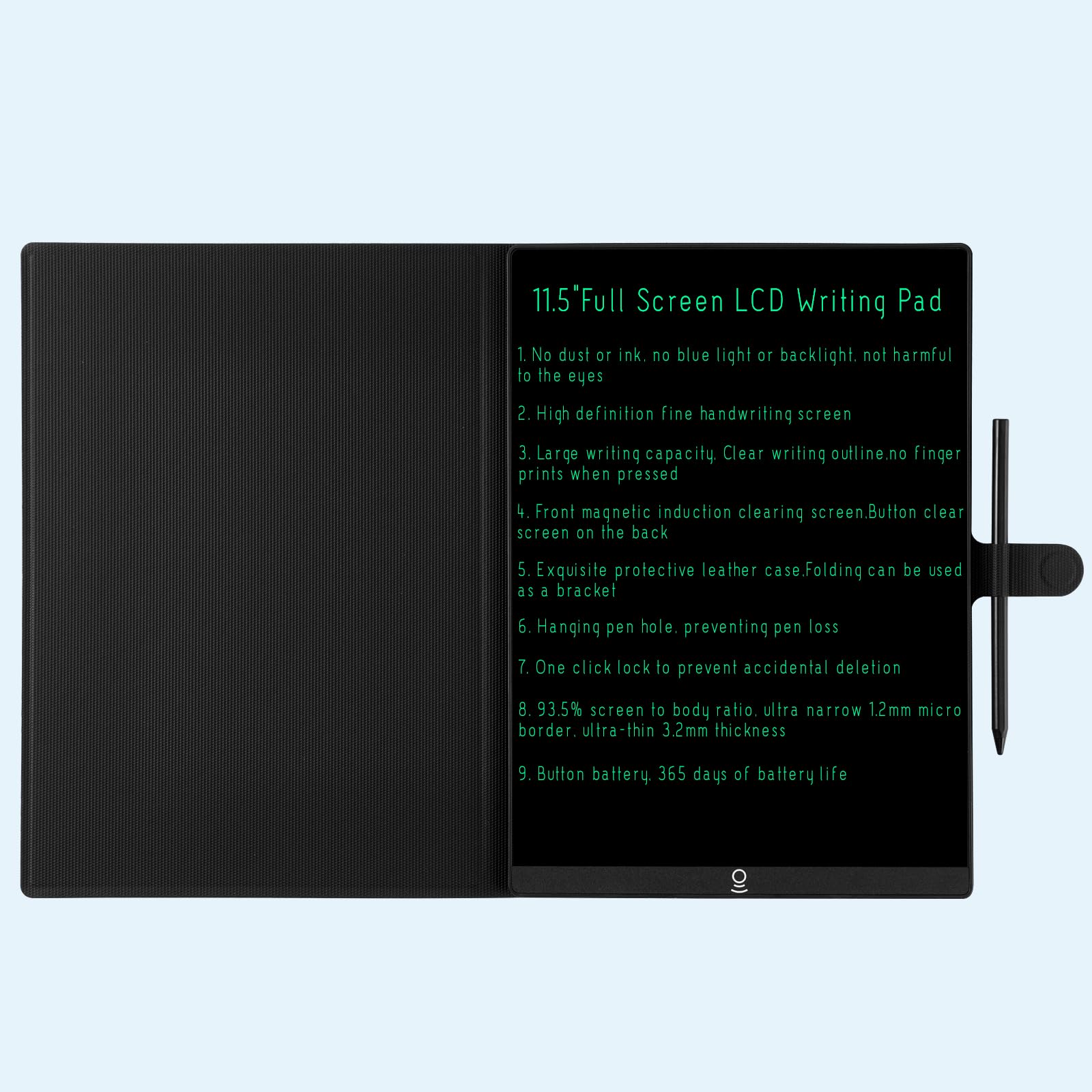 KKYSTAR 11.5in erasable tablet with leather case for protection and portability.