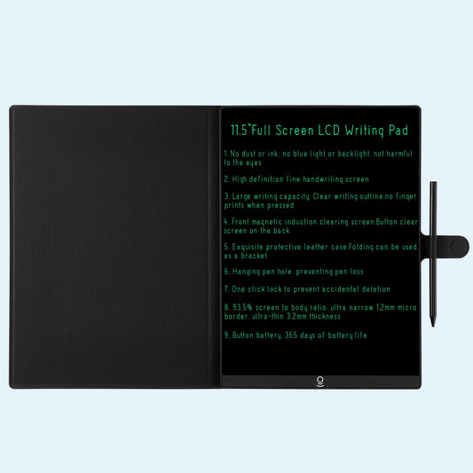 KKYSTAR 11.5in erasable tablet with leather case for protection and portability.