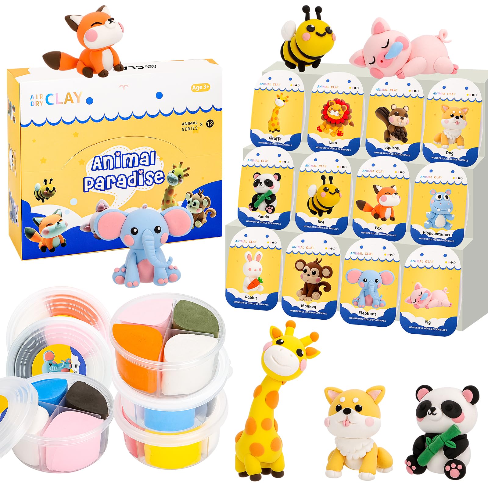 Kleikyerel air-dry clay kit for kids with animal figures and tools