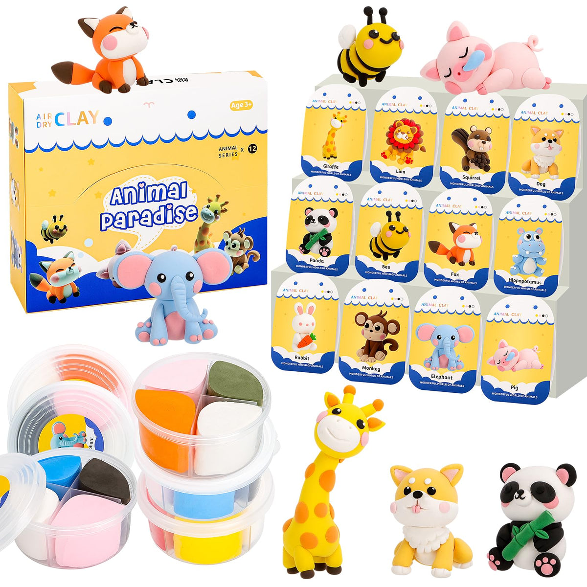 Kleikyerel air-dry clay kit for kids with animal figures and tools