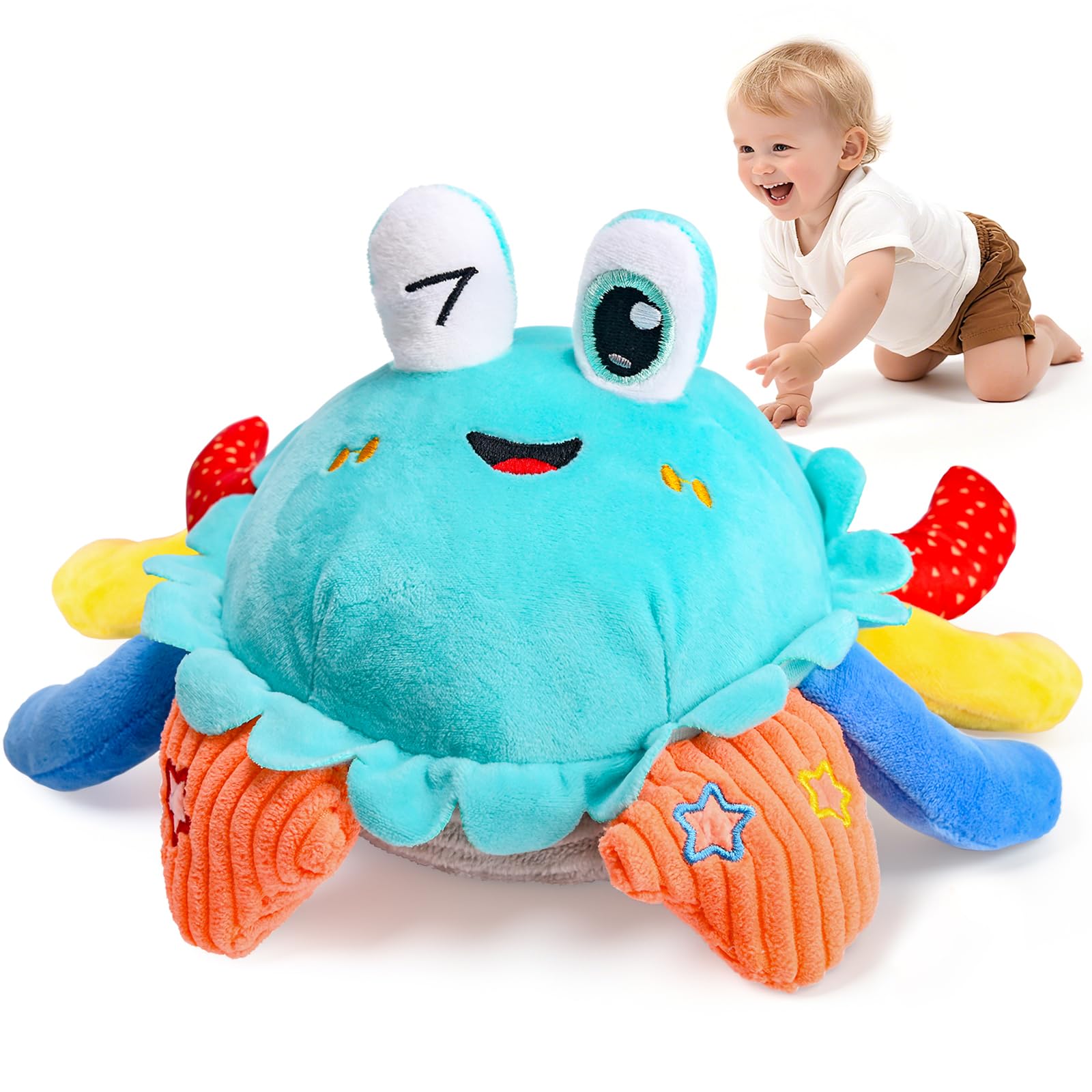 Kleikyerel crawling crab toy promotes reaching and tracking during playtime.