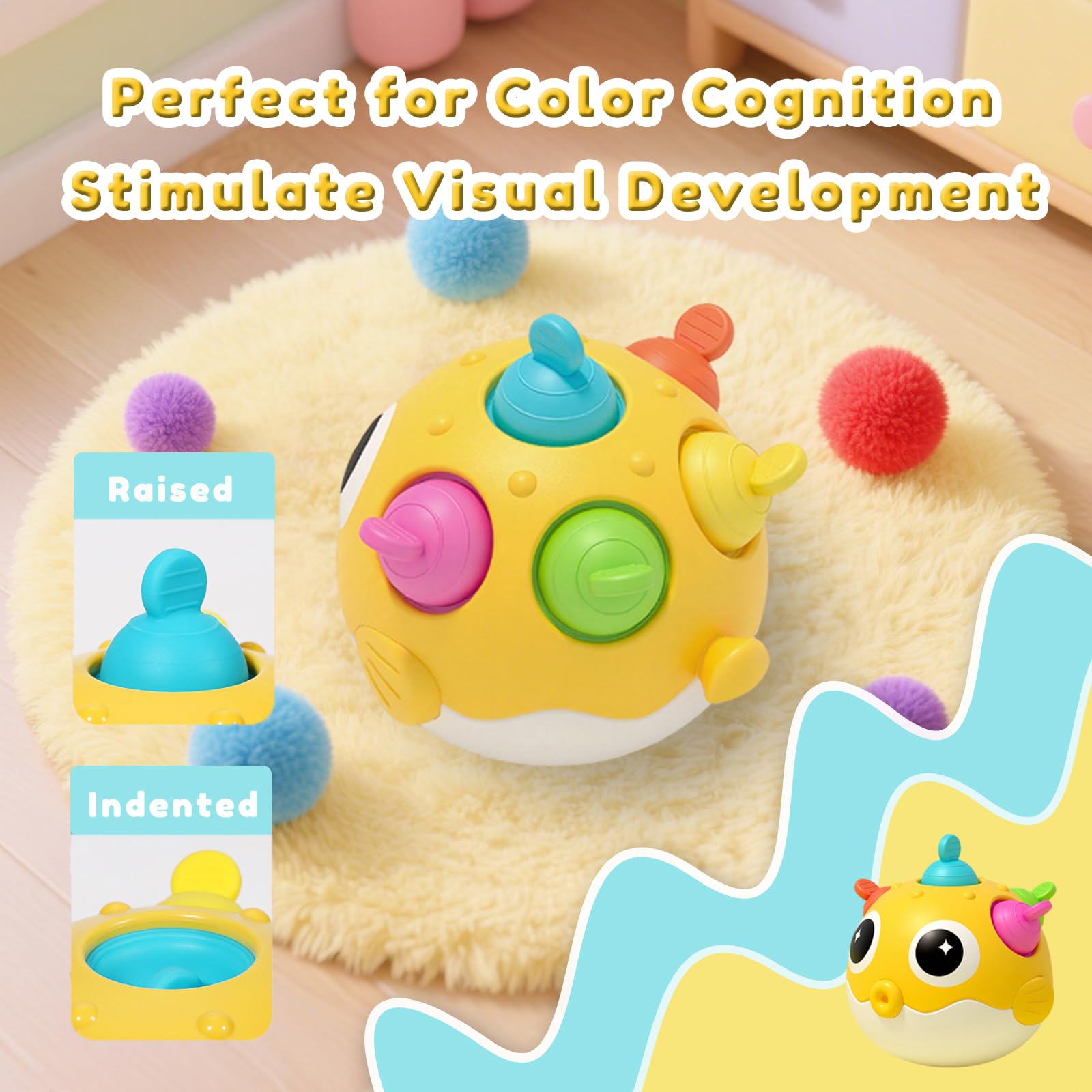 Kleikyerel sensory toy with bright silicone balls encourages early visual attention and exploration.