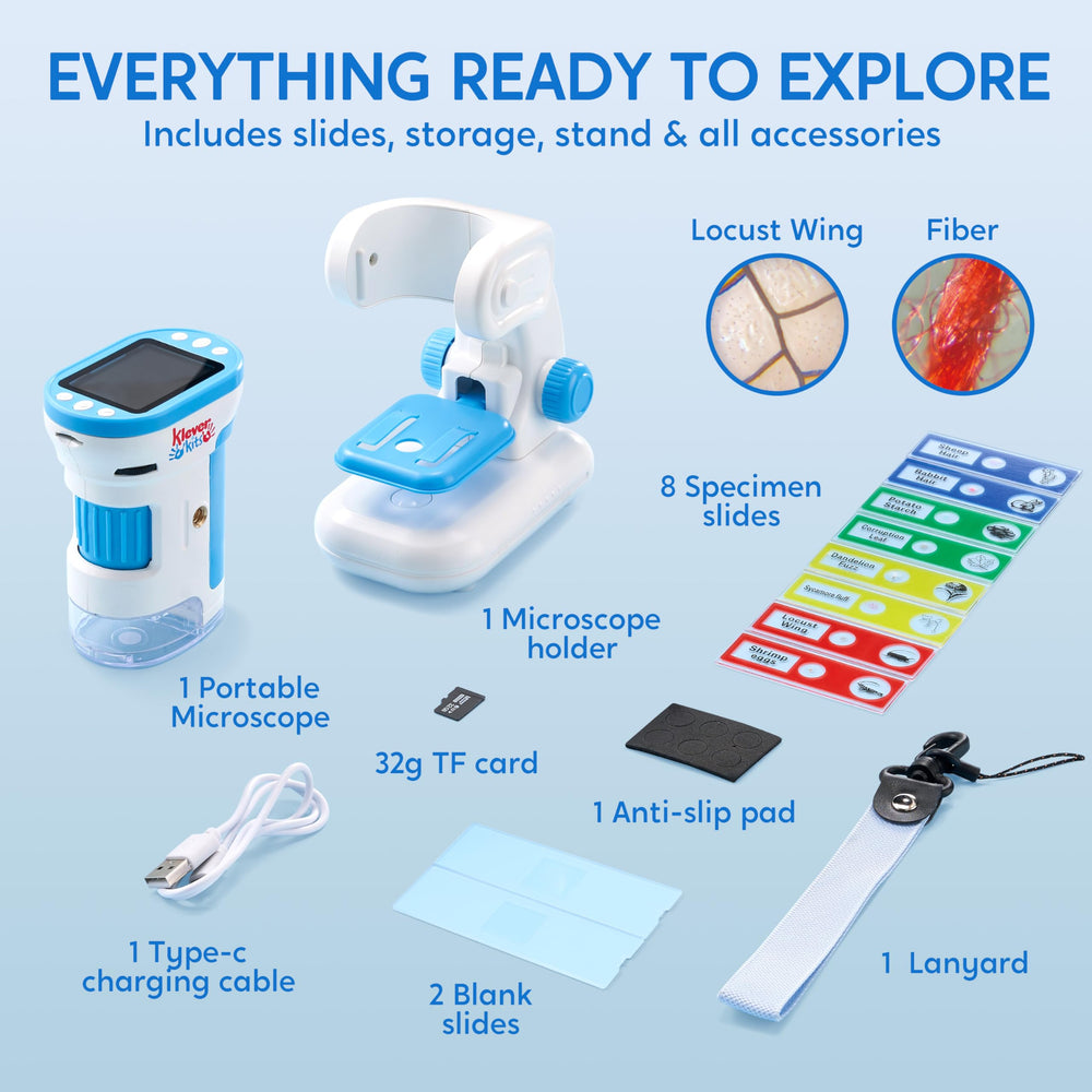 Klever Kits 2in1 microscope 32GB card stores images for easy sharing.