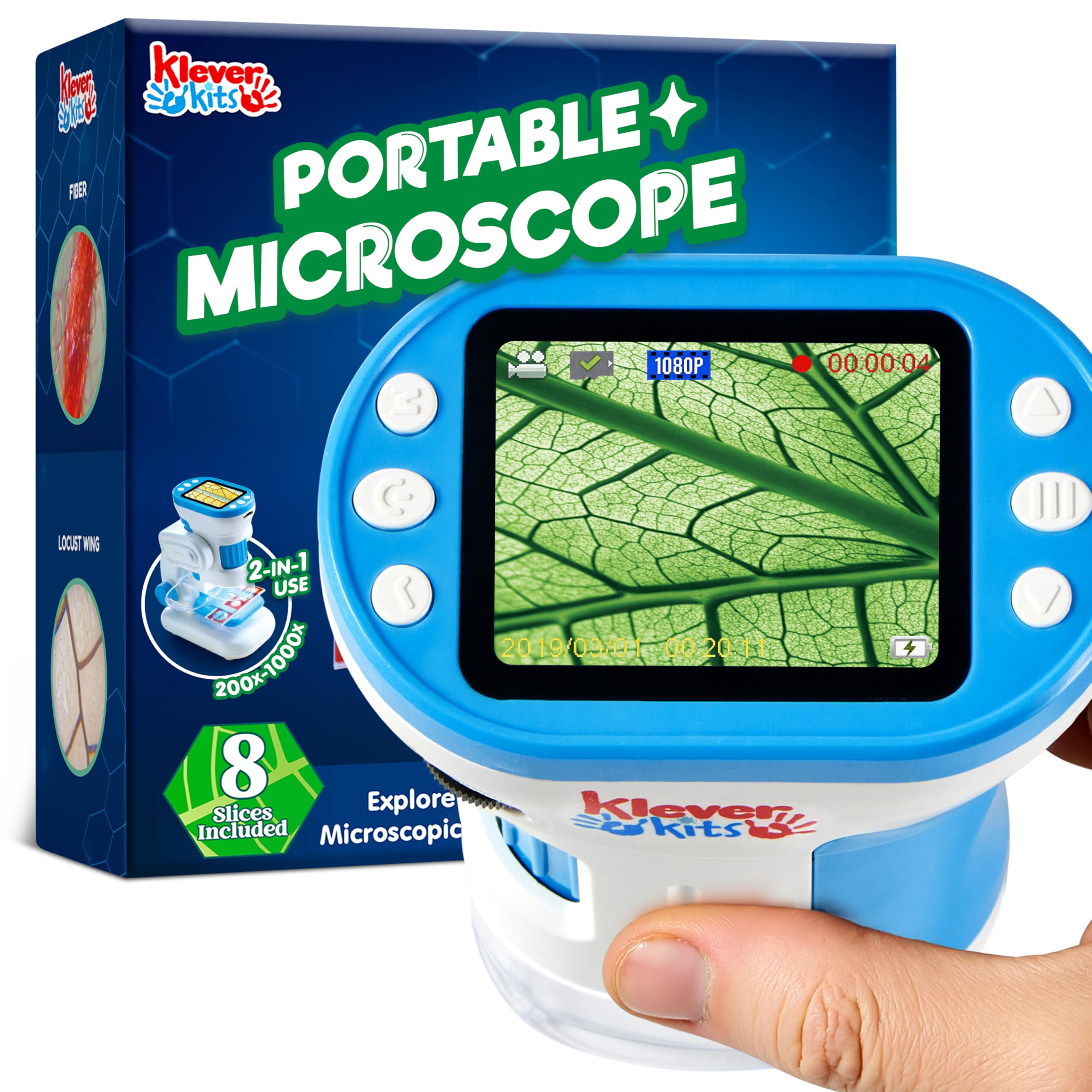 Klever Kits 2in1 microscope screen shows discoveries on a bright 2.0 inch display for class sharing.