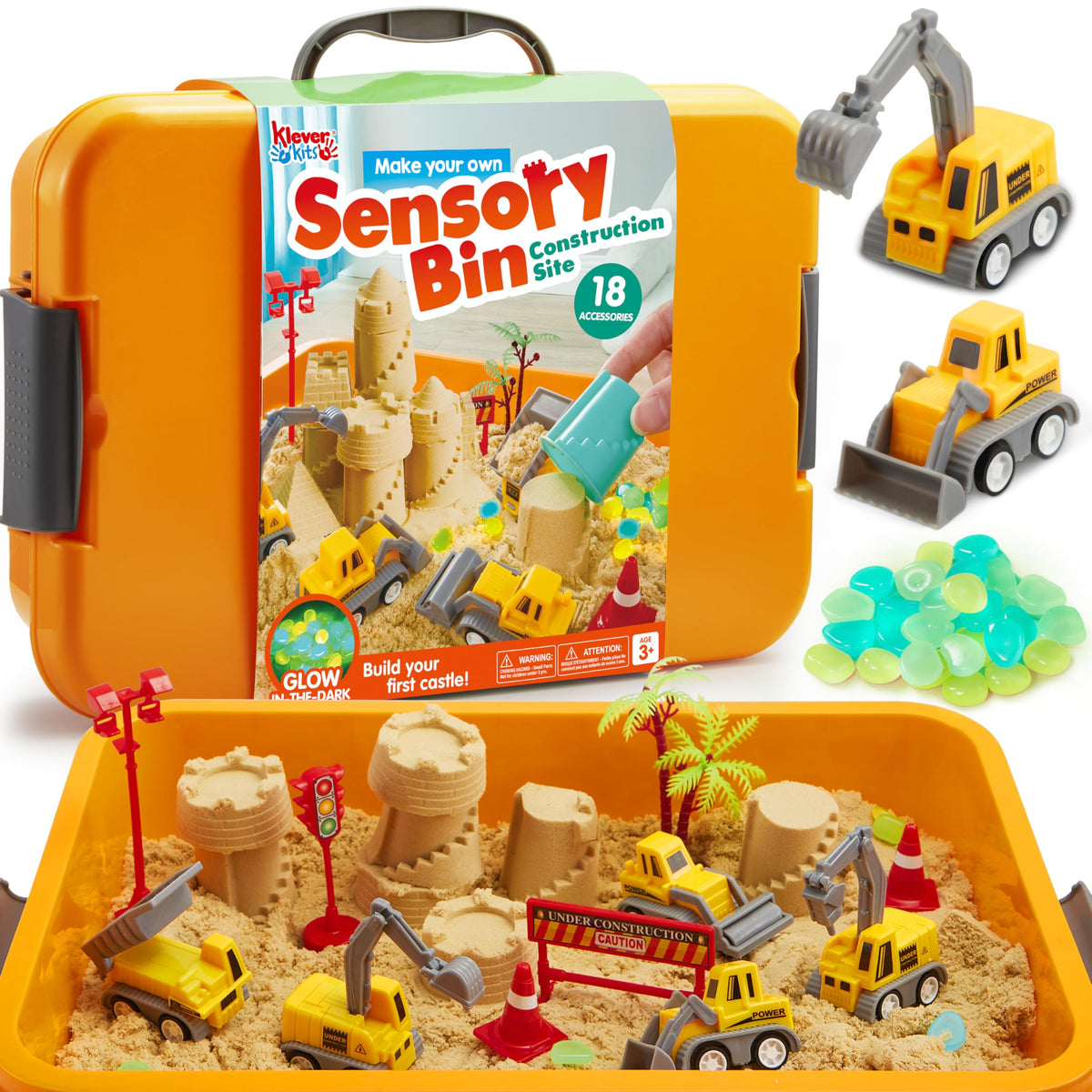 Klever Kits construction sensory bin for toddlers with buildable components and tools