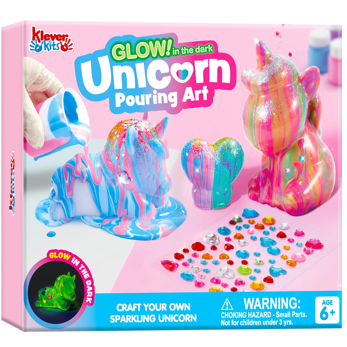 Klever Kits glow-in-the-dark unicorn paint pour kit glows under UV light for night-time art