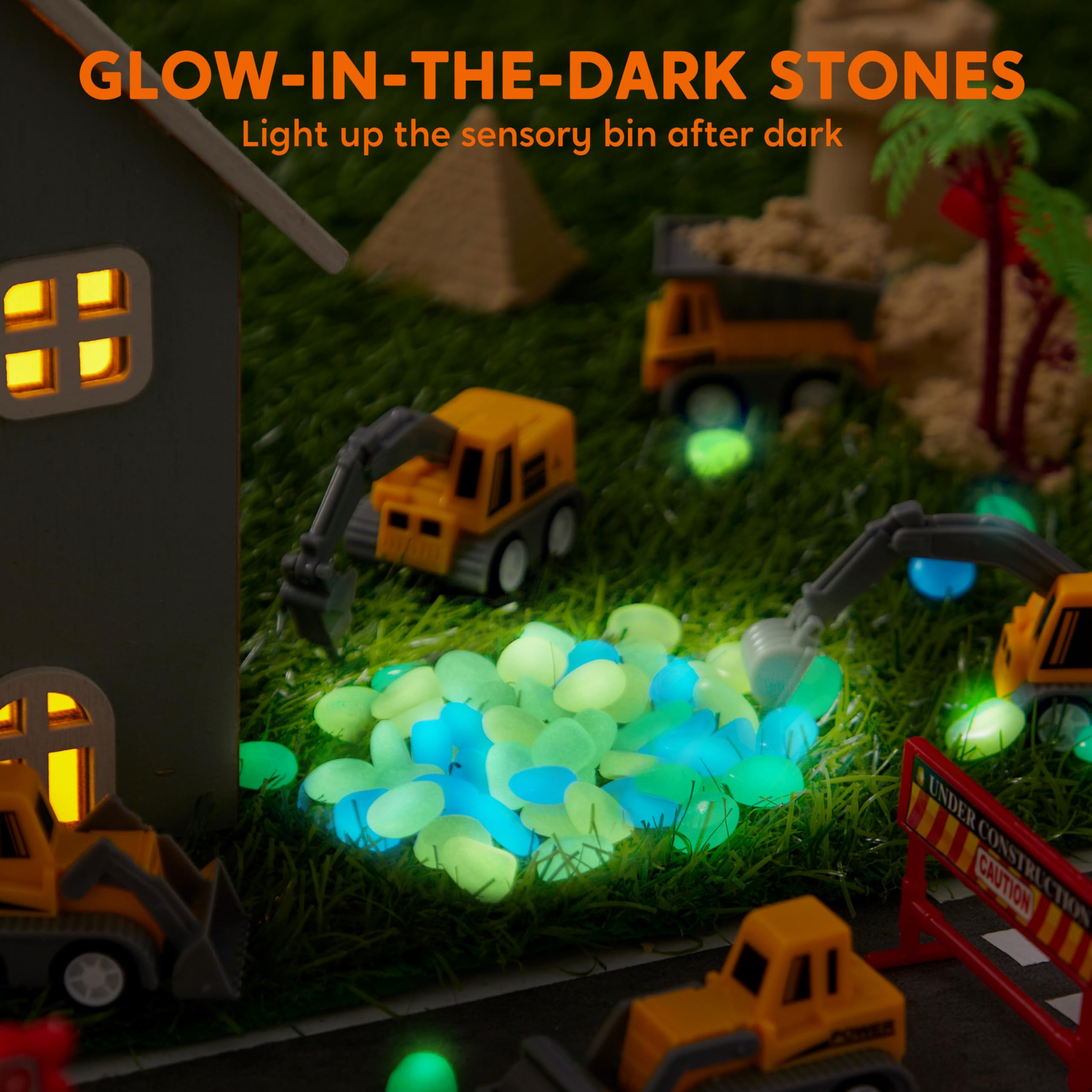 Klever Kits glow-in-the-dark rocks illuminating a pretend construction path