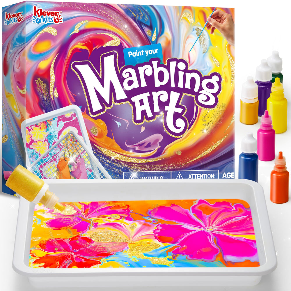 Klever Kits marbling paint set with metallic gold swirl enhances kids' craft projects.