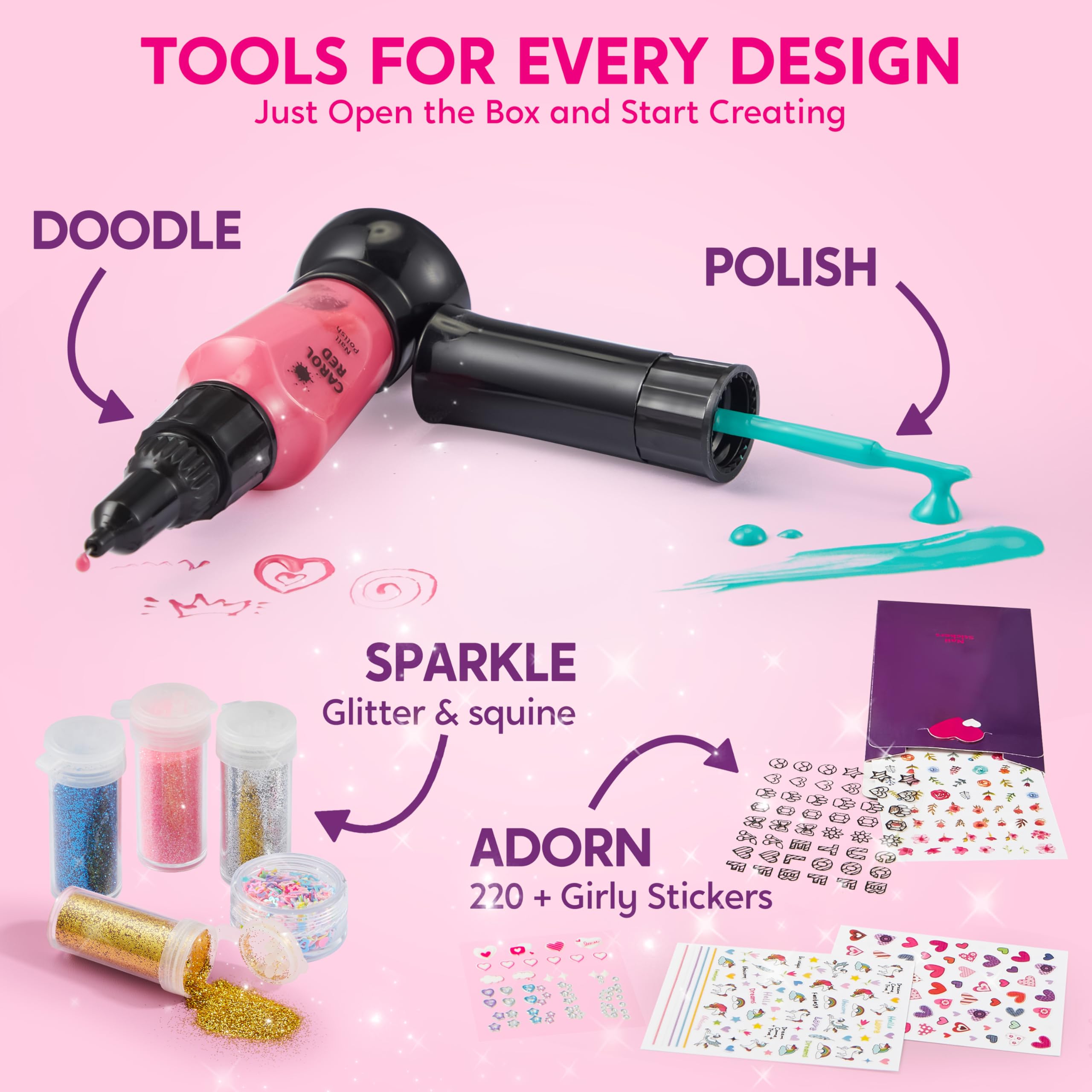 Klever Kits nail art glitters metallics highlight sparkly finishes for designs.
