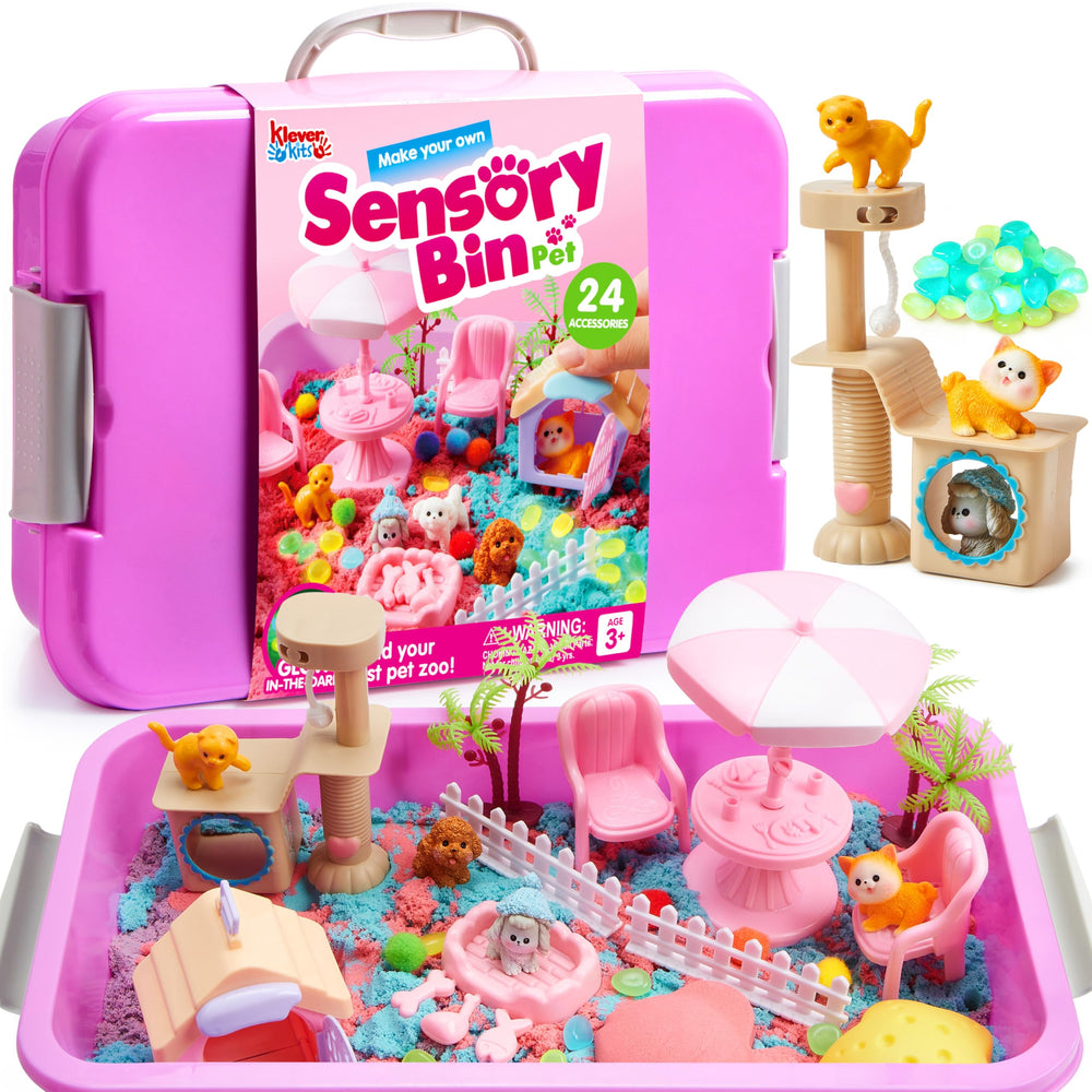 Klever Kits pet sensory bin with glow stones fuels imaginative play at home.