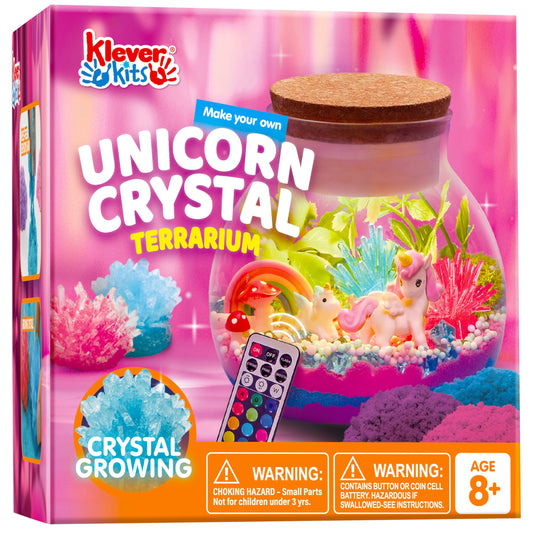 Klever Kits unicorn terrarium kit with colorful sand and crystal-growing materials for kids