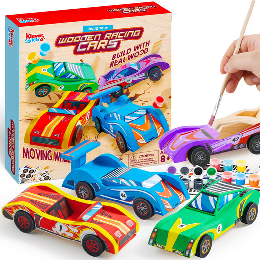Klever Kits wooden race cars kit with pre-cut pieces for easy assembly