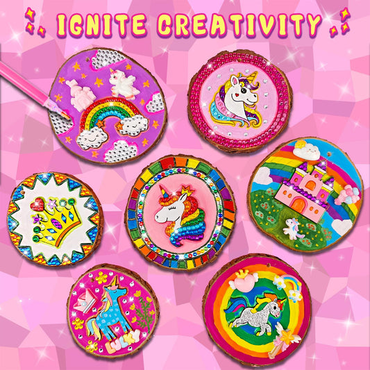 Klmars glow-in-the-dark unicorn wood slices ready for vivid coloring and decorating.