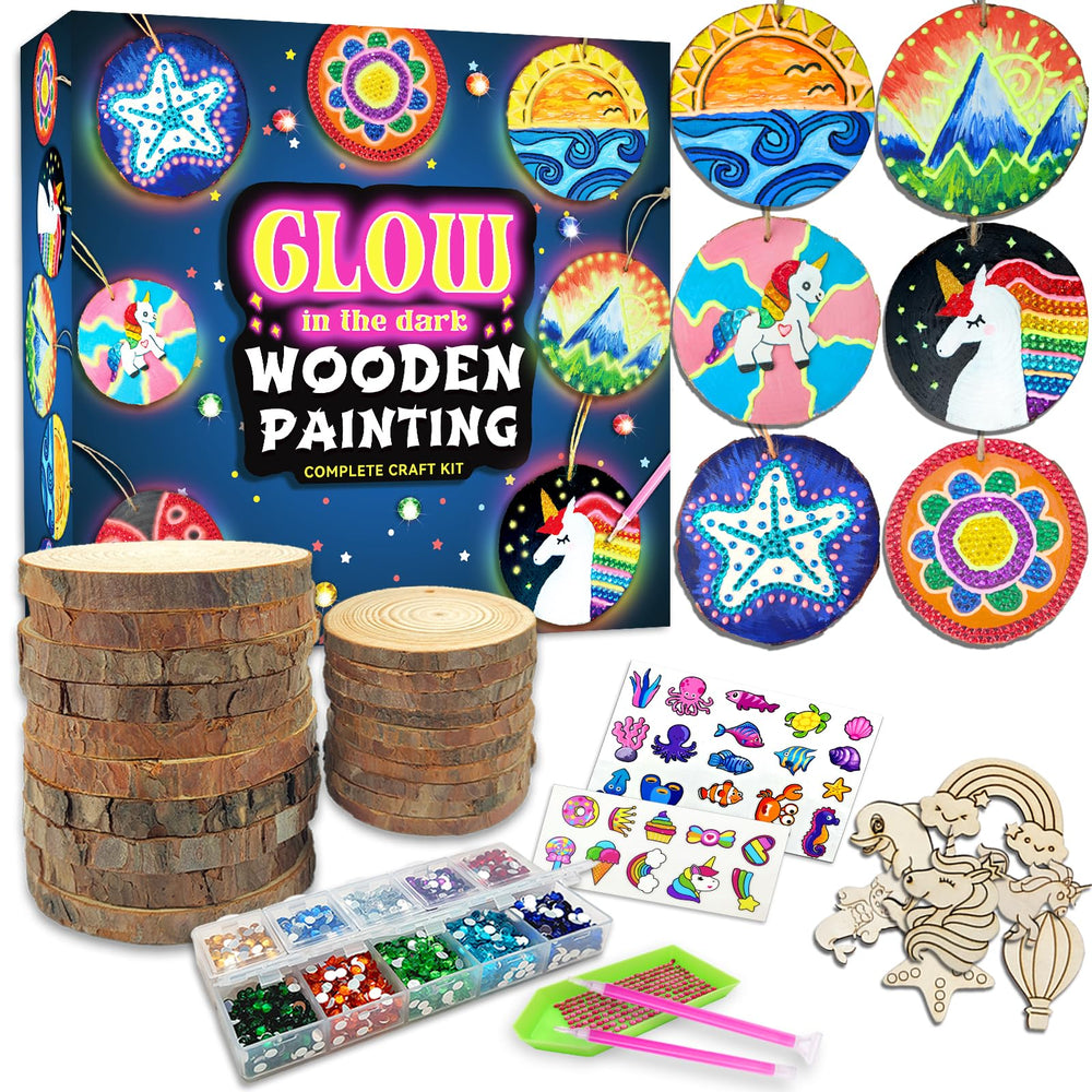 Klmars Glow in the Dark Wood Painting Kit contents with all supplies for quick-start crafting.