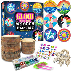 Klmars Glow in the Dark Wood Painting Kit contents with all supplies for quick-start crafting.
