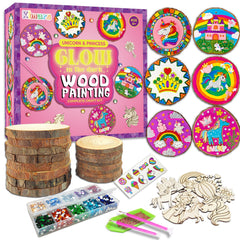 Klmars Unicorn Wood Painting Kit glow-in-the-dark on a table, sparking nighttime creativity.