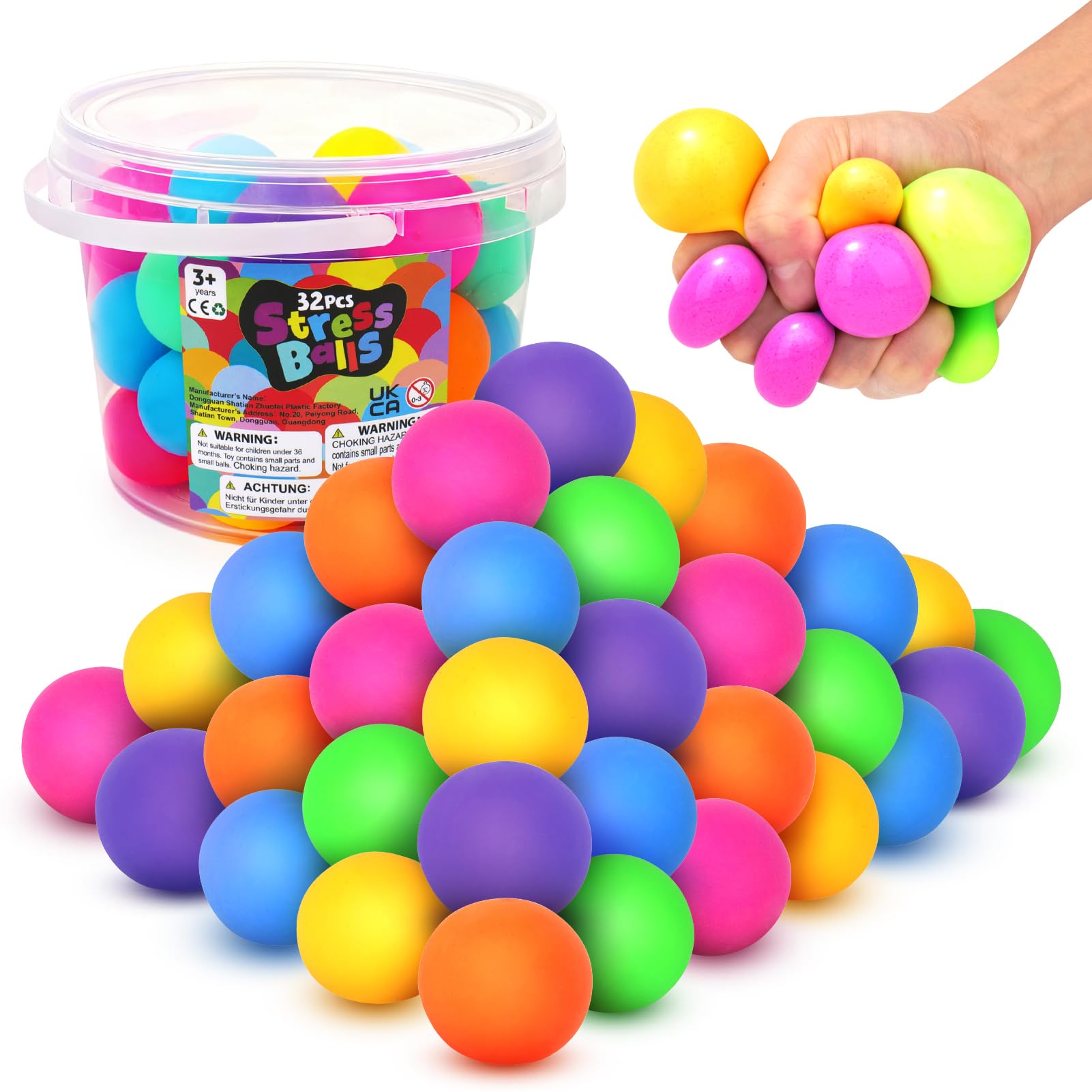 KLT stress balls 32-pack color-changing display for anxiety relief and focus.