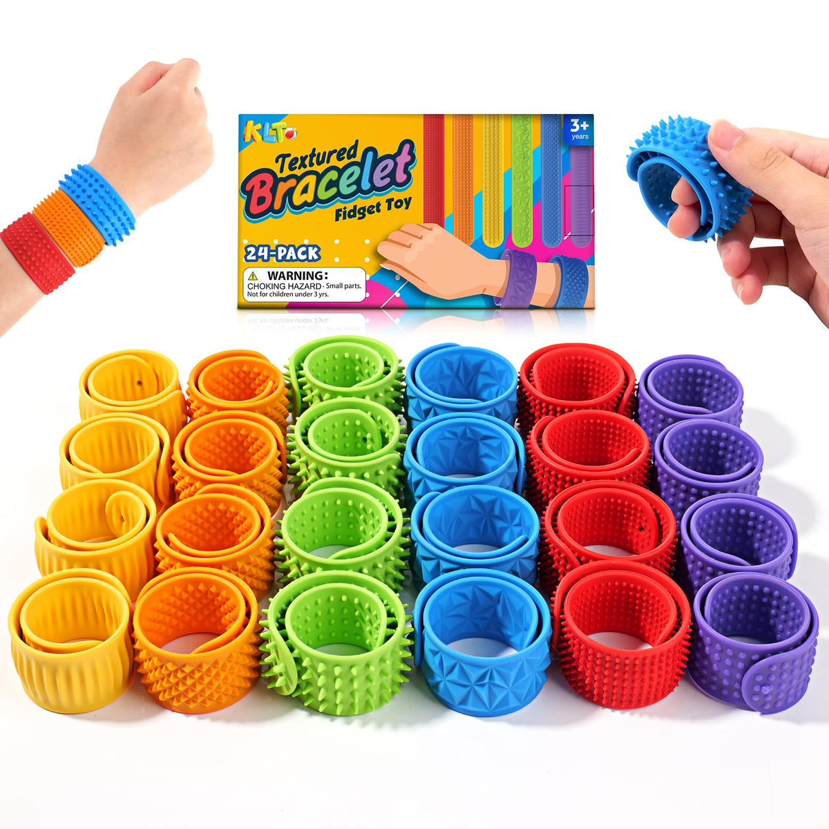 KLT textured silicone slap bracelet worn on wrist for calming sensory play