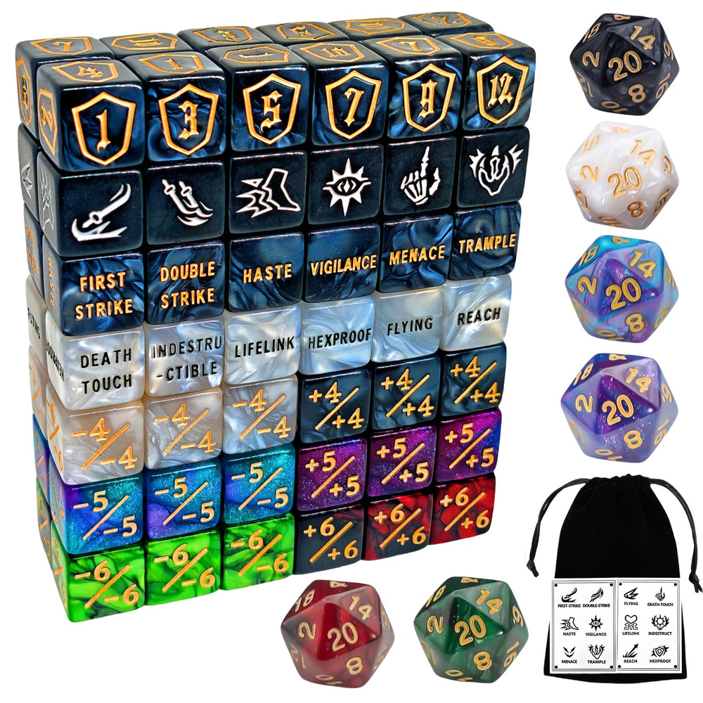 KLURXZGYPTH 90-piece MTG counter dice set in a compact velvet bag for travel.