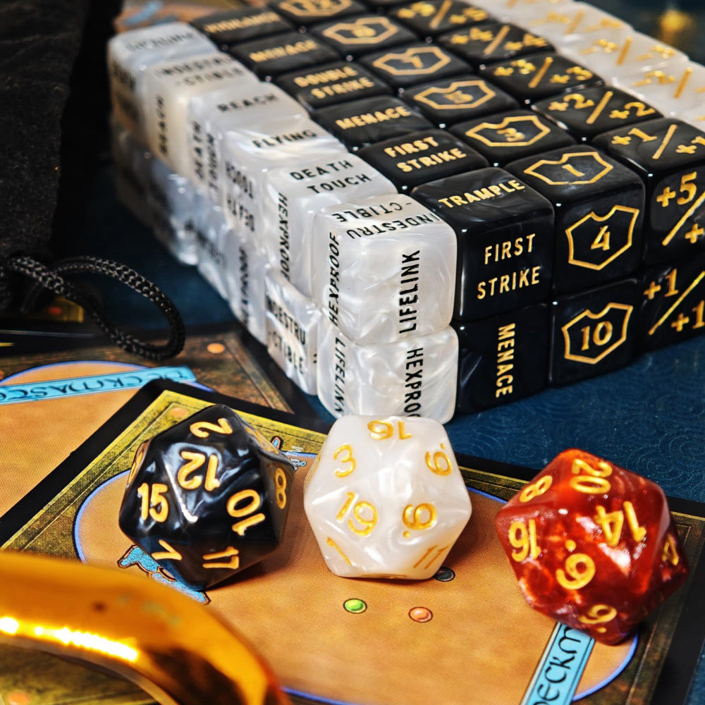 KLURXZGYPTH shield dice counters in marble colors for tracking defenses.