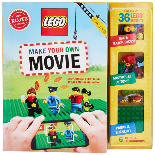 Klutz Lego Make Your Own Movie pack shot showing kit contents and colorful bricks
