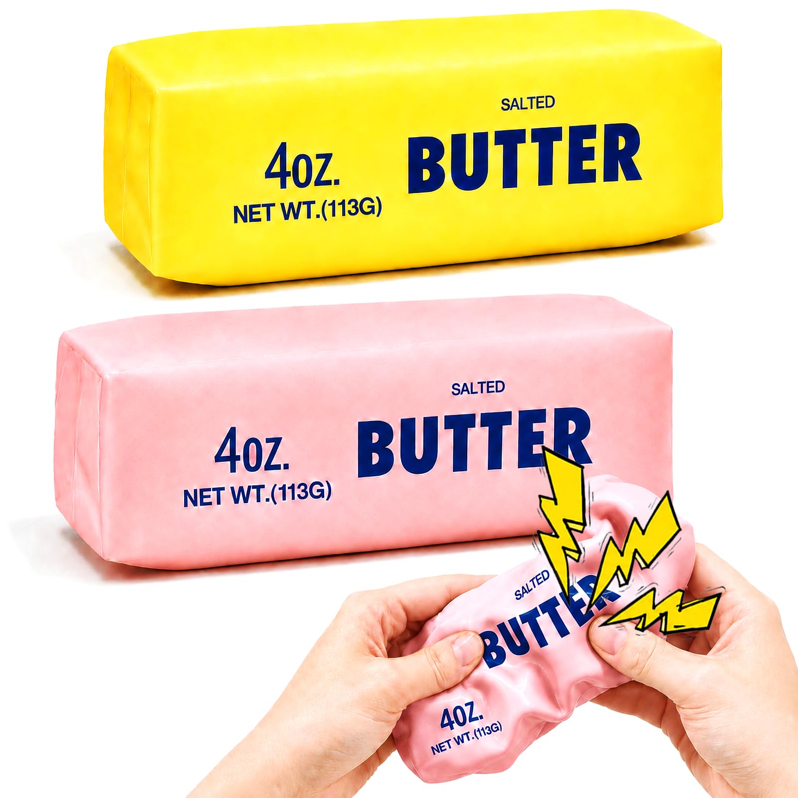 Klysuron front view of yellow and pink squishies showing vibrant colors and packaging benefit portability