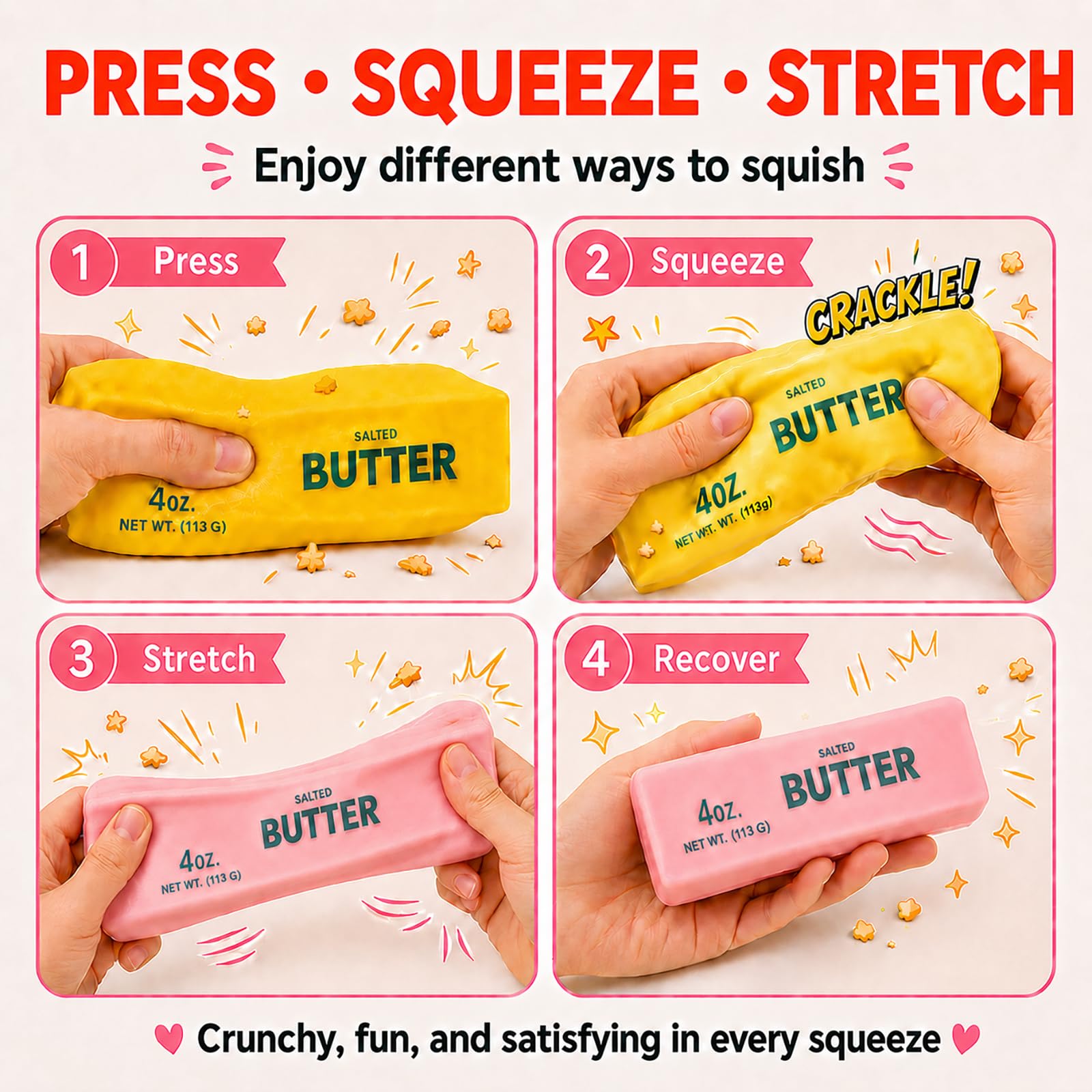 Klysuron hand squeezing yellow squishy to show compression and satisfying crackle sound